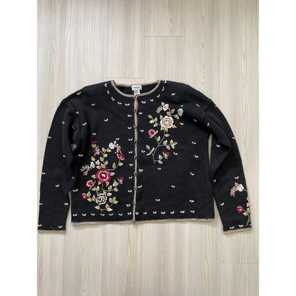 Bon Worth Women's Black Floral Embroidered Button Front Cardigan Sz M Fairy